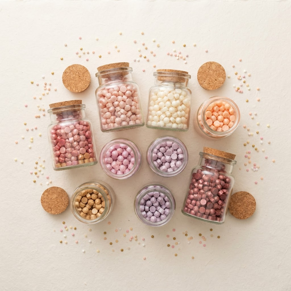 Jars of colorful scented wax beads arranged for custom fragrance blending